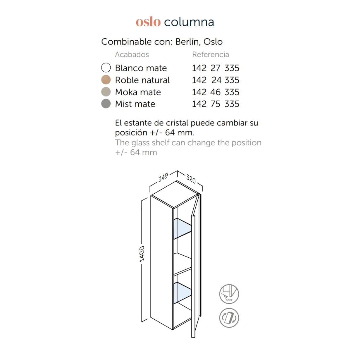 Oslo Columna de Baño Suspendida 1 Puerta | Armario Alto Baño Colgante 140cm de Alto x 34,9cm de Ancho x 32cm de Fondo | Blanco Mate