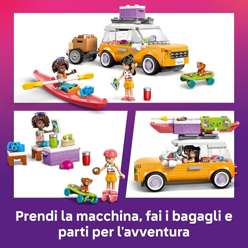 Friends Viaggio in Auto con il Cucciolo - Macchina Giocattolo con Rimorchio, 2 Mini Bamboline, Cane, Kayak e Accessori tra cui Skateboard e Pattini a Rotelle - Set per Bambine da 6 Anni - 42659 - Lego - Immagine 2