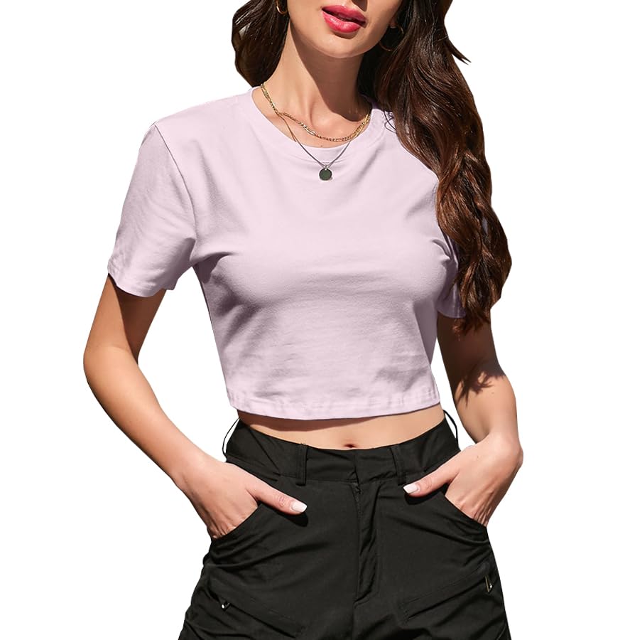 Image of Betusline Girls & Women Basic Summer Short Sleeve Slim Fit T-Shirts Soft Crewneck Crop Y2k Tee Cute Gym Fashion Clothes