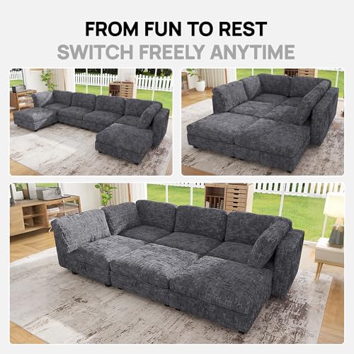 Image of 99 inch Modular Sectional Chenille Sofa bed with Hidden Storage, Comfy Modern 6 Seater Oversized Deep Seat Couch, Modular Sectional with Ottoman and Removable Cover for Living Room, Apartment, Gray
