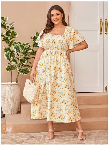 Image of Floerns Women's Plus Size Floral Square Neck Flounce Short Sleeve A Line Maxi Dress