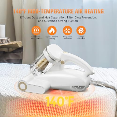 Bed Vacuum Cleaner Mattress Vacuum Cleaner,16Kpa Powerful Handheld Vacuums with UV-C Light & Double Dust Cup & High Heating & Ultrasonic & HEPA Filter for Bed Sofa(Corded,Frost White) by UZK - Image 4
