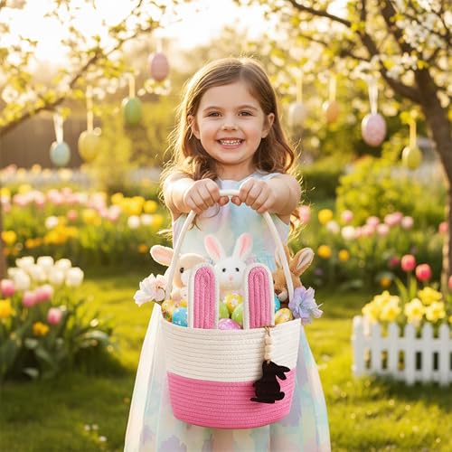 Image of Pro Goleem Easter Basket for Kids, Adorable Woven Egg Hunt Bucket with Handle, Soft First Easter Gift Tote Bag, Nursery Toy Storage Bin with Tag(Pink)