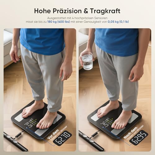 Personenwaage Körperfettwaage Smart Waage Personen Digitale 28 Messwerte 8-Elektroden Dual Frequenz BIA Körperwaage VA-DisplayKörperwaage Digital Bluetooth, Kompatibel mit iOS/Android, 180 kg/400 lbs 6
