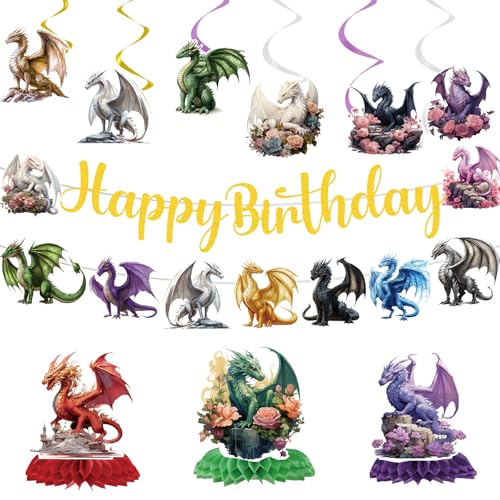Yomover Décoration d'anniversaire dragon – 11 pièces Happy Birthday Bannière Dragon Suspendu Tourbillons Décoration de fête Fournitures de décoration pour garçons d'anniversaire d'enfant