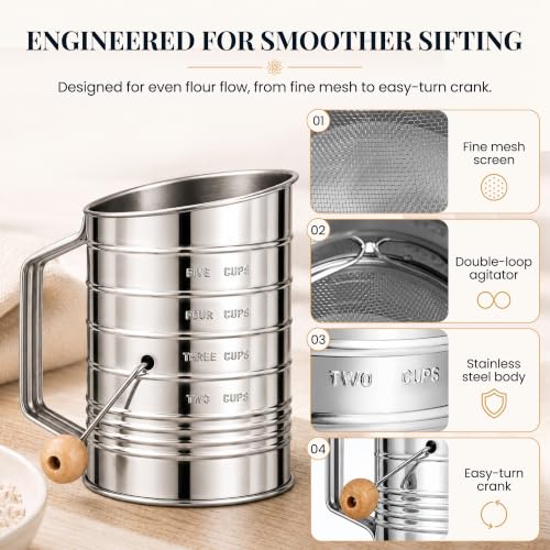 Image of Bellemain Stainless Steel Flour Sifter for Baking with Hand Crank - 5 Cup