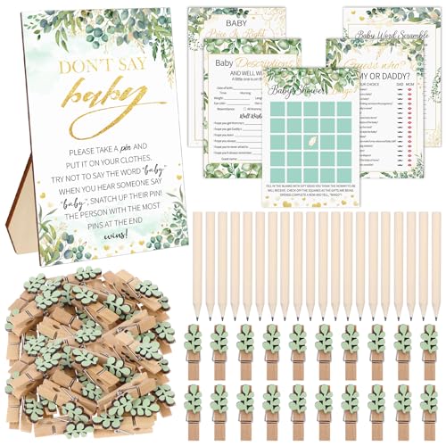 96 Pcs Greenery Baby Shower Game Kit Include Baby Shower Game Cards with Prediction Cards Pencils Greenery Clothespins Don't Say Baby Sign Gender Neutral for Gender Reveal Favors Party Decorations