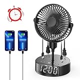 Fereowth Quiet Desk fan,Office Fan with 2 USB Charging Ports，Table Fan with 2 AC Power Outlets ，Bedroom Fan with Timer Alarm.Personal Fan for Home，Strong Wind, Quiet Operation（grey）