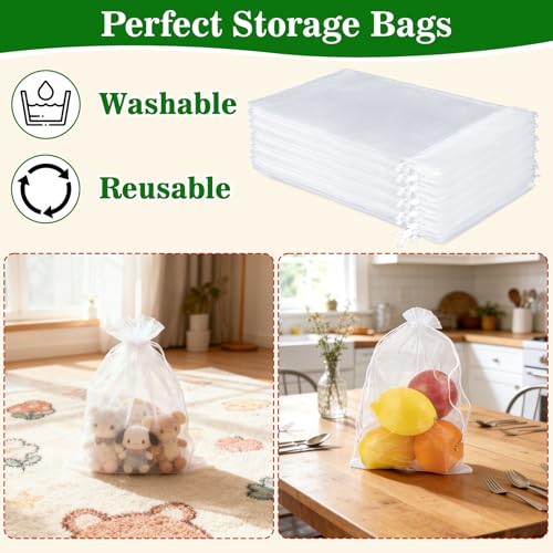 Image of Sukh White Organza Bags 8 inchx12 inch - 100pcs Large Sheer Mesh Drawstring Bag for Jewelry, Soap, Fruits, Candy, Small Gift Bag for Weddings, Valentine's Day, Mother's Day, Halloween, Thanksgiving, Christmas