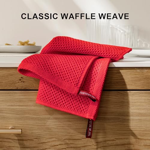 Image of 100% Cotton Kitchen Dish Cloths, 8-Pack Waffle Weave Ultra Soft Absorbent Dish Towels Washcloths Quick Drying Dish Rags, 12x12 Inches, Red