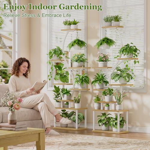 Image of BACEKOLL Plant Stand Indoor with Grow Light - 2 Pack Tall Indoor Plant Shelf, 62 inch Corner Plant Holder, 8 Tiered Large S-Shape Flower Multiple Display Shelf for Home, White