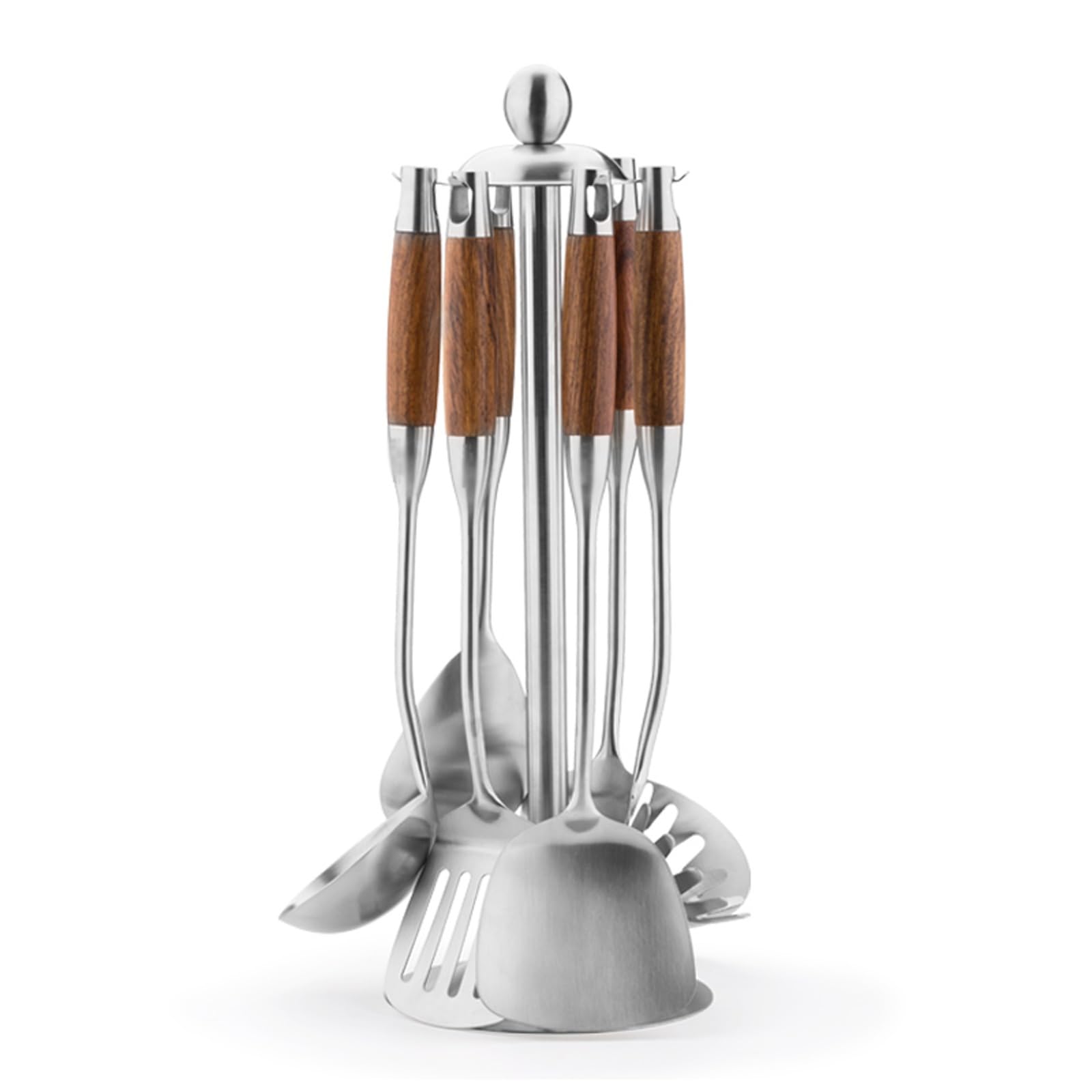 GTHTUHFD 7-Pcs Cooking Utensils Set, Stainless Steel Kitchen Utensils Set With Rotating Storage Stand - Wood Handle Nonstick Stainless Steel Cooking Utensils Set - Heat Resistant