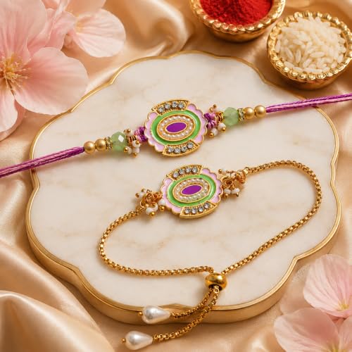 Image of Dreamica Designer Bhaiya Bhabhi Rakhi Set, Monk Buddha Showpiece Set,2 Fridge Magnet, Greeting Card and Tilak Set | Best Rakhi Gift for Brother