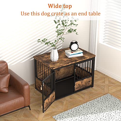 Heodmaem 40 Inch Dog Crate Furniture, Wood Dog Crates For Medium Dogs With Removable Tray, Dog Kennel Indoor With 3 Doors, Dog Cage End Table With Adjustable Feet, Rustic Brown Pet Crate #TOP2