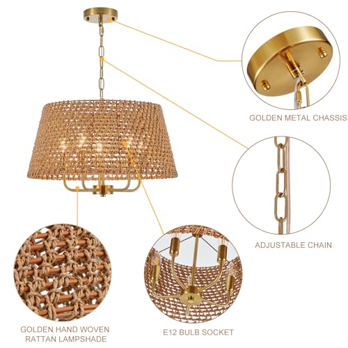 Image of 19.7 inch Gold Boho Rattan Chandelier, 5-Light Wicker Light Fixture | Hand-Woven Rattan; Vintage Farmhouse Style; Adjustable Height; Drum Chandeliers for Dining Room, Kitchen, Bedroom, Entryway