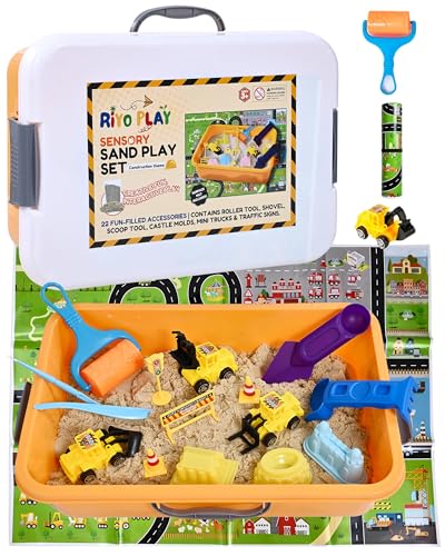Riyo Play Construction Sensory Bin for Toddlers with 2-in-1 Play Mat & 2.6lbs Moldable Sand, Kids Sensory Bin with Lid & Handle, Toddler Sensory Kit Boys & Girls, Learning Activity, Gift Ages 3+