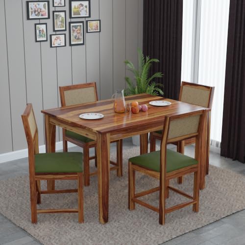 Image of DRIFTINGWOOD Amber Solid Sheesham Wood 4 Seater Dining Table Set with Rattan Back Chairs | Green Velvet Cushioned Seating for Home & Dining Room (Natural Finish, DIY)