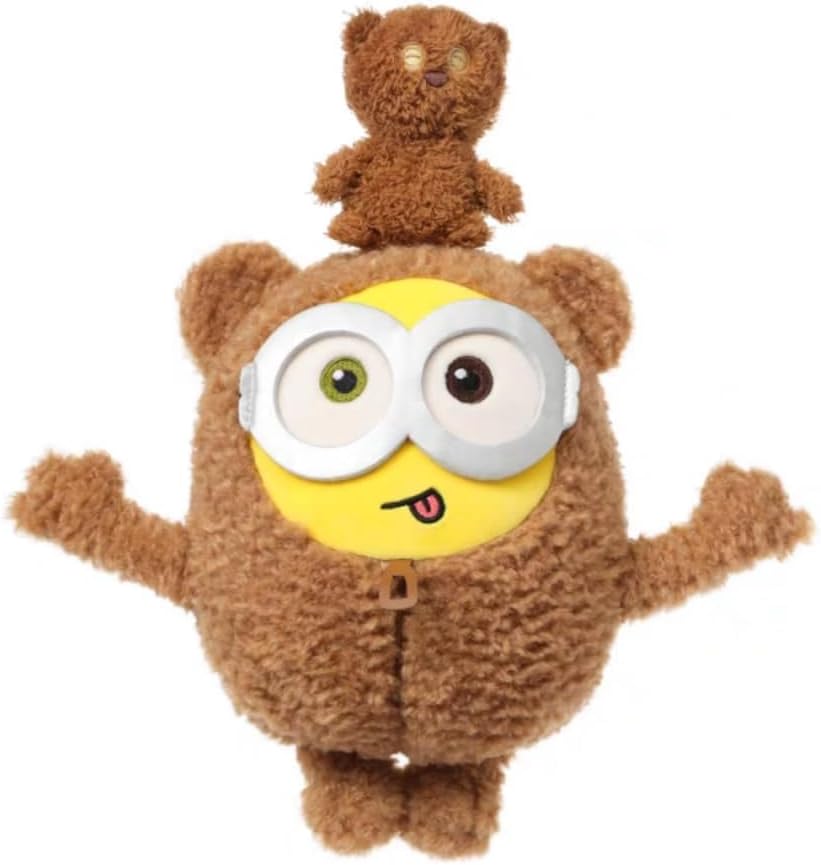 MINISO Minions Bob in Bear Outfit Plush Doll 9 Inch, Ultra-Soft Fluffy Stuffed Animal with Tiny Teddy Bear, Huggable Plush Toy for Kids, Kawaii Plushies Birthday Gift for Toddler Boys Girls Room decor