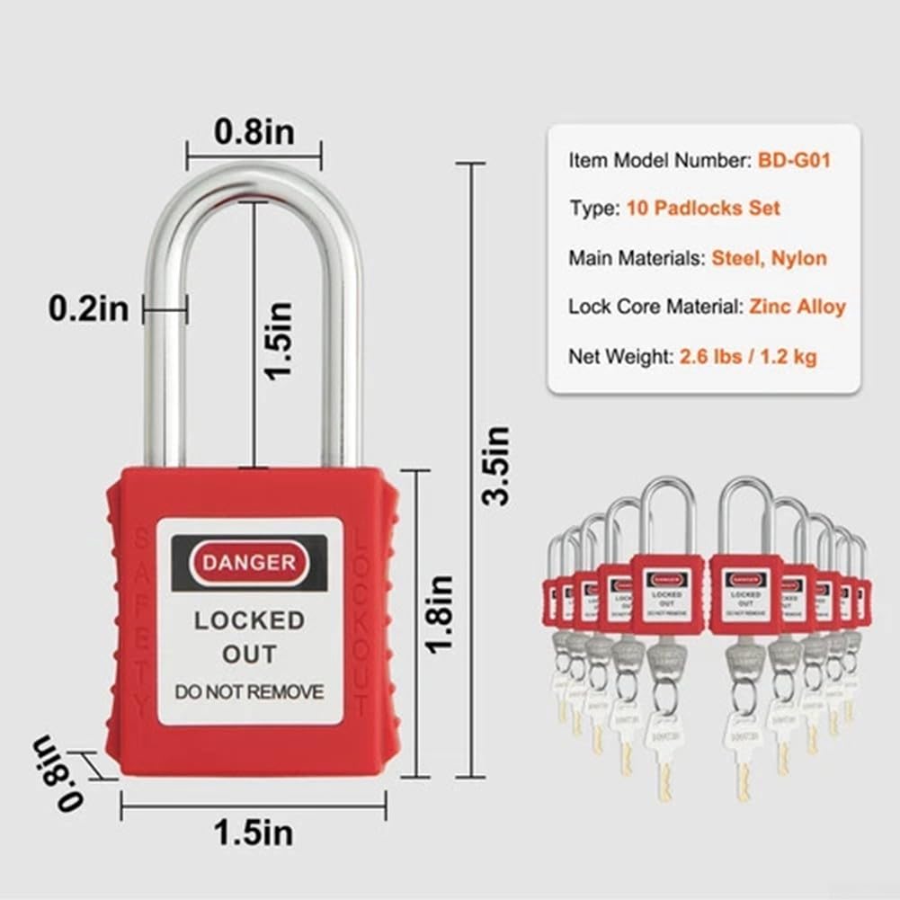 Zoegneer Lockout Tagout LOTO - Candado de seguridad con viga de acero y diferentes llaves, nailon a prueba de óxido, paquete de 10 para mantenimiento de equipos industriales y bloqueo de aislamiento