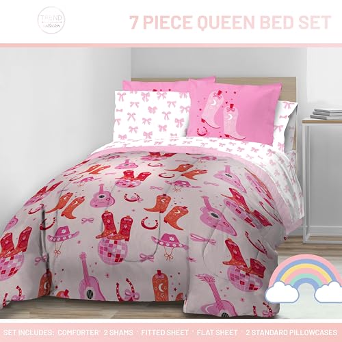 Image of Trend Collector Cowgirl Queen Comforter Set 7 Piece Kids Bedding, Pink | Bed in a Bag, Comforter Sheets Shams Pillowcases, Soft Microfiber, Easy Care Machine Washable, Girls Gift