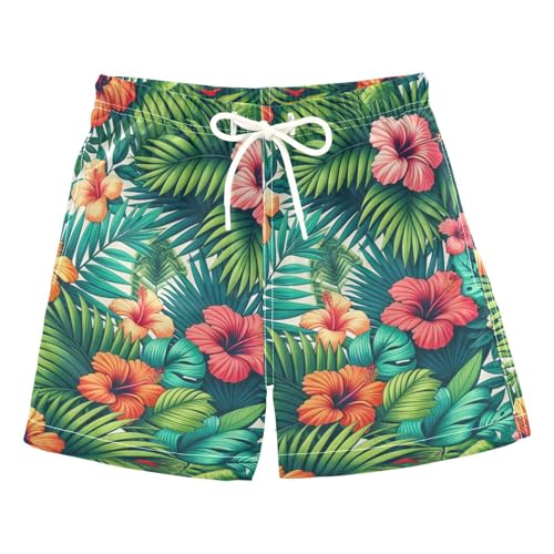 FLildon Tropical Palm and Hibiscus Little Boys Swim Trunks with Mesh Lining Quick Dry Beach Board Shorts, 3T