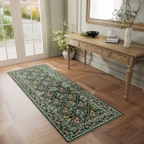 Image of Vintage Botanical Dark Green Washable Runners for Hallways, 2x6 Runner Rug Non Slip Ultra-Thin, Boho Soft Hallway Rug Forest Green Carpet for Kitchen Bedroom Bathroom Laundry Room