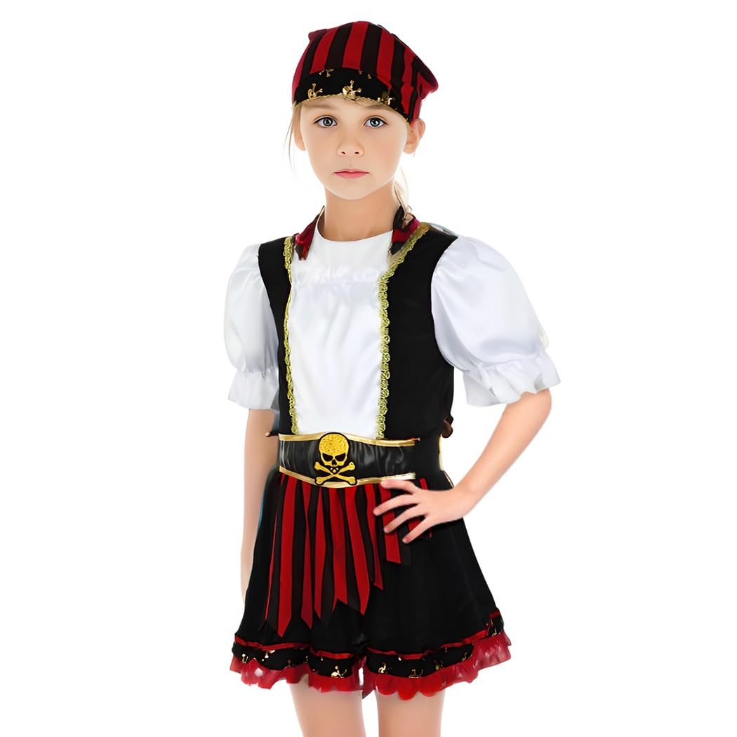 Mädchen Piratenkostüm, Piratenkleid für Kinder, Cosplay Piratenoutfit mit Kleid, Gürtelschärpe und Stirnband, Rollenspiel Verkleidung für Mädchen, schwarz rot mit Totenkopf-Muster