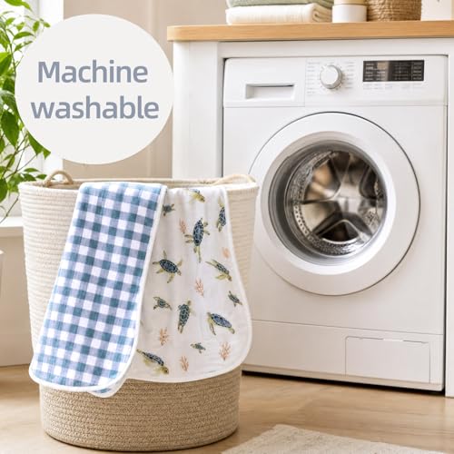 Image of LifeTree Muslin Baby Burp Cloths - 2 Pack 70% Viscose from Bamboo and 30% Cotton Large 22'' by 10.6'' Absorbent Milk Spit Up Rags - Burping Cloths for Newborn, Girls Boys, Sea Turtle & Blue Checkered