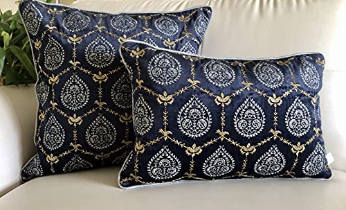 Image of TARA- Sparkling Homes 12 x 18 Inches Embroidered Velvet Cushion Covers, 'Padmini' from 'The Royal Collection', Set of 1 (Midnight Blue, 12 x 18 Inches)