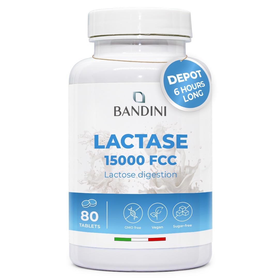 Bandini® Lactase Extra-Strength Dose 15,000 FCC - Helps with Lactose Intolerance - 80 Tablets - Supports The Lactose Digestion - Slow Release Digestive Enzymes Supplement - 100% Vegan - Chemical Free
