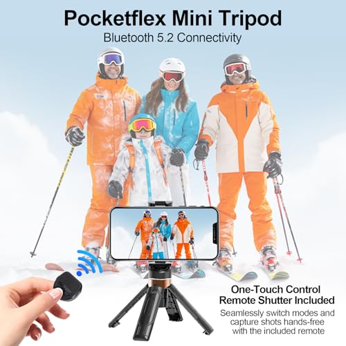 2025 Upgrade Pocketflex Mini Selfie Stick, Extendable Phone Tripod Stand, Portable Flipping 360Â° Rotating Cell Phone Holder Mini Travel Tripod with Remote-Black