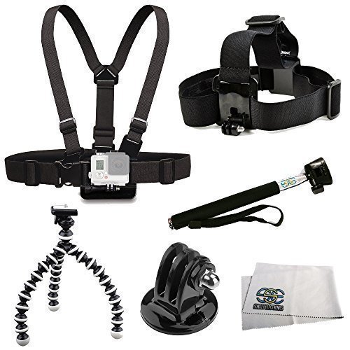 SSE Essentials Accessory Kit Includes Chest Mount + Head Mount + Selfie Monopod + Gripster + Tripod Adapter + Microfiber Cleaning Cloth for GoPro HERO7, HERO6, HERO5