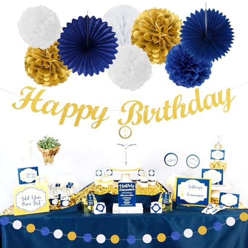Image of Navy-Blue Gold Birthday Party-Decorations Paper-Flowers - 14pcs Happy Banner Royal Lanterns Tissue Pom Poms,Men Streamers Garland Fans Honeycomb,Teen Boys Male Kids Hanging Supplies Decor Hugfond