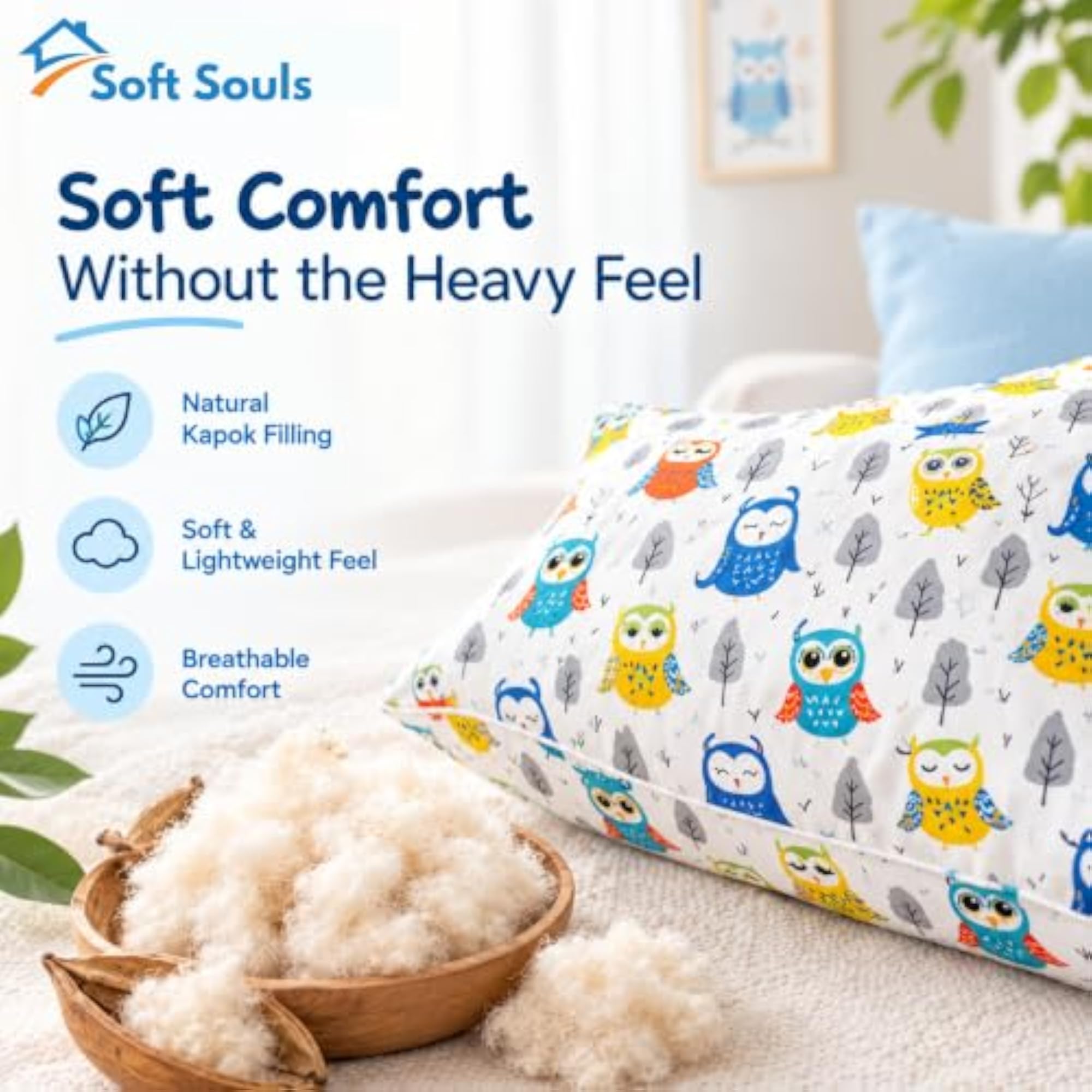 Kids Pillow, Natural Kapok Cotton Toddler Pillow
