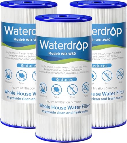 Waterdrop W50PEHD Whole House Water Filter, Replacement for American Plumber, W10-PR, Culligan® R50-BBSA, GE ®FXHSC, GXWH40L, GXWH35F, 5 Micron, 10' x 4.5', High Flow Sediment Filters, Pack of 3