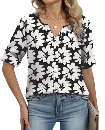 Image of OFEEFAN Button Down Shirts for Women 3 /4 Length Sleeve Tops V Neck Blouses Business Casual Outfits Loose Fit