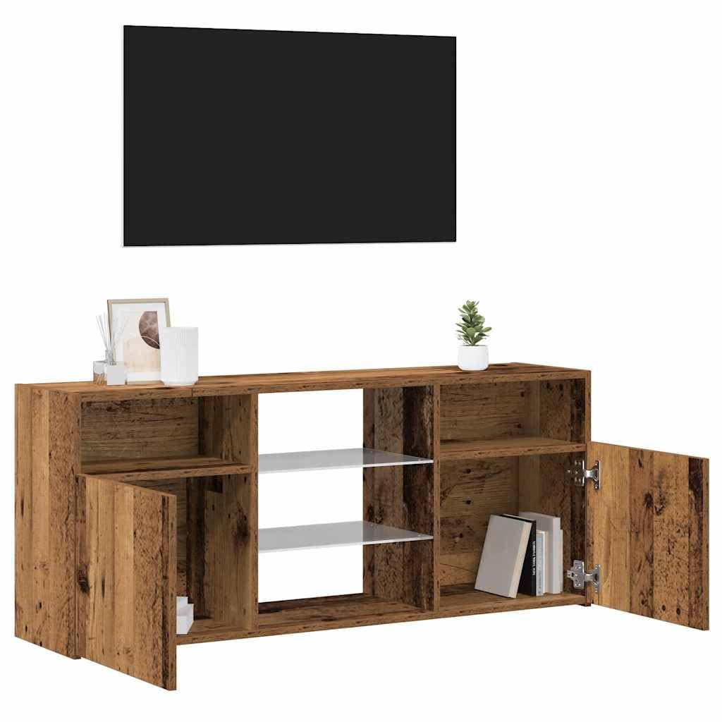 Stolik RTV pod TV z oświetleniem LED RGB, Szafka pod telewizor stare drewno, 120x30x50 cm, mebel z przegrodami do przechowywania do salonu
