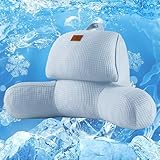 Amélie Home Premium Cooling Waffle Reading Pillow, Qmax0.37 Ergonomic Backrest Support with Pocket & Handle, Breathable Lounging Pillow for Bed Sofa Floor Summer, 17 Inches, Sky Blue