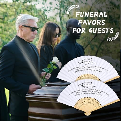 Image of Threehoney 25 Pack Funeral Favors for Guests in Loving Memory Handheld Fans Paper Folding Hand Fan Bulk Funeral Gifts for Services Condolence Sympathy Accessories (White)