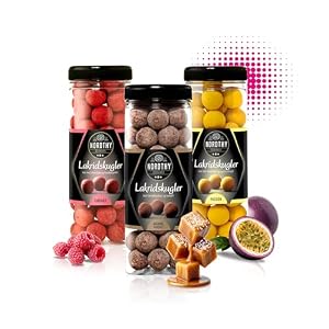 Nordthy Lakritz Kugel Mix 3 x 300g Himbeere/Passionsfrucht/Sal... – Original Dänische Lakritze Geschenkset – Lakritzkugeln umhüllt von edler Schokolade – Gourmet Lakrids Süßigkeiten