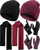 6 Pieces Women Men Knit Winter Warm Beanie Hat Touchscreen Gloves Scarf Set Fleece Lining Skull Caps Neck Scarves (Black, Wine Red) -  SATINIOR