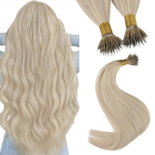 YoungSee Nano Hair Extensions Blonde 16inch Nano Beads Hair Extensions Warm Ash Blonde Highlight Bleach Blonde Nano Ring Hair Extension Highlight for School Soft Cold Fusion 50s 50g
