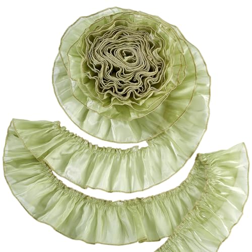 AHANDMAKER Cinta de encaje con volantes, 6 m, 8 cm, color verde, plisada, gasa, cinta de tela de organza, para manualidades, disfraz, boda, regalo, decoración