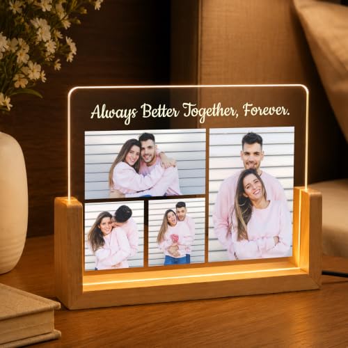 Image of Giftplease Personalized LED Acrylic Photo Frame with Custom Picture and Quote, Romantic Couple Night Lamp, Wooden Base USB Table Decor, Anniversary Photo Display, Wedding Decor, Bedroom Home Accent