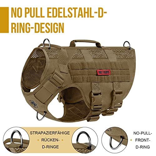 OneTigris Hundegeschirr Mittelgroße Hunde, AIRE MESH Taktisches Anti Zug Geschirr mit 2 Griff Verstellbar Brustgeschirr No Pull Dog Harness Atmungsaktiv Braun M