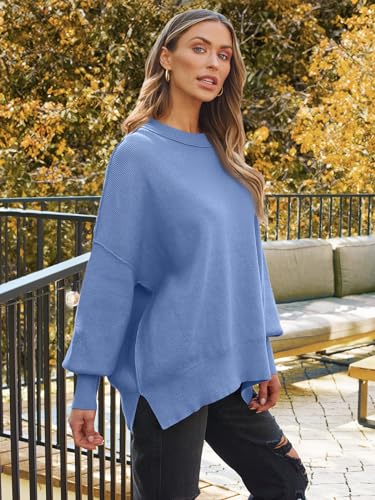 Image of LILLUSORY Women's Oversized Batwing Sweaters 2026 Fall Outfits Trendy Crewneck Knit Side Slit Fashion Pullover Tops
