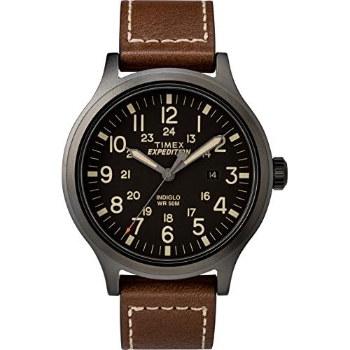 Timex Men’s Expedition Scout 43mm Watch – Black Dial & Case with Brown Leather Strap