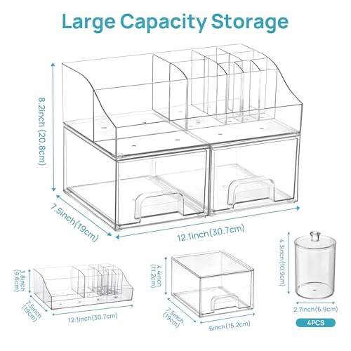 Image of Vtopmart 7 PCS Bathroom Countertop Organizer, 1 Divided Tray with 4 Qtip Holder Jars and 2 Drawers, Restroom Clear Organizers for Toothbrush, Cotton Pads, Vanity Accessories Storage Set