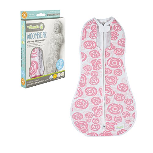 Image of Woombie Air Vented Baby Swaddling Blanket I Soothing, Cotton Baby Swaddle I Wearable Baby Blanket, Pink /White Roses, 14-19 lbs