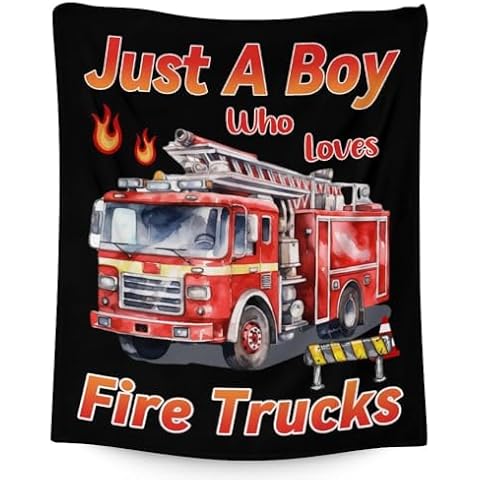 Fire Truck Throw Blanket - 60x50 Inches Throw Size Blanket for Kids, Boys - Soft Plush Blankets for Bed, Couch, Sofa - Black Cute Fuzzy Throws Gifts Cover